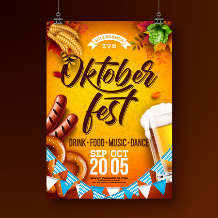 Oktoberfest Party Flyer Illustration with Fresh Lager Beer, Pretzel and Sausage on Yellow Background. Vector Traditional German Beer Festival Poster Design Template with Bavaria Party Flag for Greeting Card, Web Banner, Celebration Event or Promotional Invitation.のイラスト素材