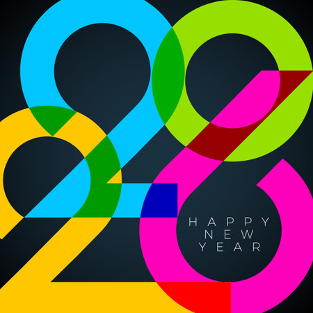 Happy New Year 2026 Logo Design with Abstract Colorful Number on Black Background. Christmas Holiday...