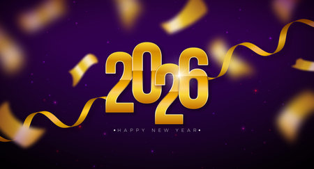 2026 Happy New Year Illustration with Gold Typography Number and Christmas Ball on Falling Confetti...
