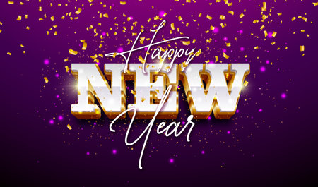 Happy New Year Greeting Card Illustration with Gold Framed 3D Typography Lettering and Falling Confetti Shiny Purple Background. New Year Eve Holiday Design with Christmas Ornaments for Calendar, Flyer, Banner, Celebration Poster or Party Invitation.のイラスト素材
