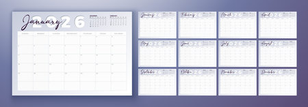 2026 Printable Calendar Design Template with Cut Out Colorful Number Symbol and Whole Annual Monthly Typography on White Background for New Year. Horizontal Schedule Planner Illustration for Wall Poster, Card Calendar, Stationery, Flyer, Banner. Week Starts on Sunday.のイラスト素材