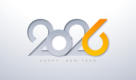 Happy New Year 2026 Logo Typography Design with Yellow Cutting Number on White Background. Christmas Holiday Greeting Card Illustration with Text Label for Calendar, Flyer, Banner, Celebration Poster, Party Invitation.のイラスト素材