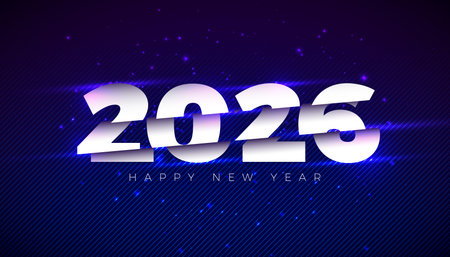 Happy New Year 2026 Greeting Card Design with Sliced Number Symbol on Blue Background. Christmas...