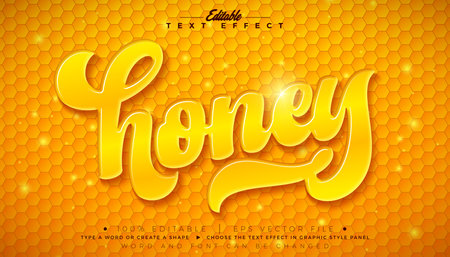 Honey Editable Text Effect Graphic Style Design with 3d Liquid Lettering on Yellow Background. Premium Vector Typography Mockup Illustration Template for Greeting Card, Flyer, Banner, Celebration Poster or Party Invitation.のイラスト素材