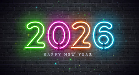 2026 Happy New Year Greeting Card Design with Colorful Glowing Neon Light Number and Typography...