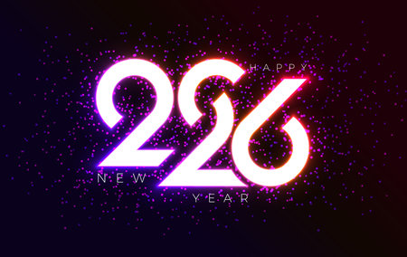 2026 Happy New Year Greeting Card Design with Glowing Neon Light Number and Typography Lettering on...