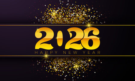 Happy New Year Greeting Card Banner Illustration with Gold Typography Lettering and Sparkling Glitter on Black Background. New Year Celebration Holiday Design with Christmas Ornaments for Occasion Flyer, Banner, Poster, Party Invitation or Calendar.のイラスト素材