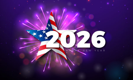 2026 Happy New Year Greeting Card Design with American Flag and Fireworks on Shiny Night Sky Background. New Year Celebration Holiday Design with Christmas Ornaments for Flyer, Banner, Poster, Party Invitation or Calendar.のイラスト素材