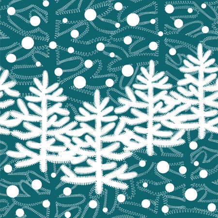 Christmas seamless pattern with snowy Christmas trees and snowfall on a colored background. For gift design, Christmas card, wrapping paper, textiles, interior fabrics, wallpaper. Vector illustration.のイラスト素材