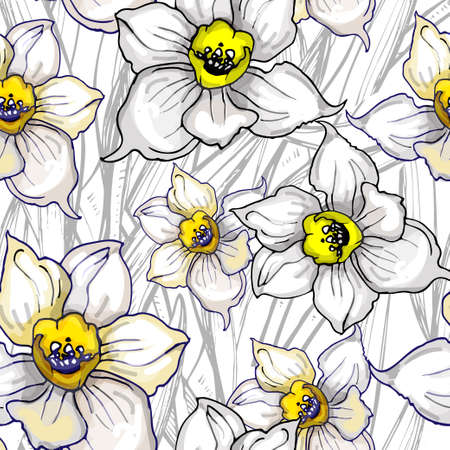 Monochrome floral seamless pattern with hand drawn flowers Daffodils, Narcissus on white background. For create floristic design, wedding card, wallpaper, fabrics, home textile, clothes.のイラスト素材