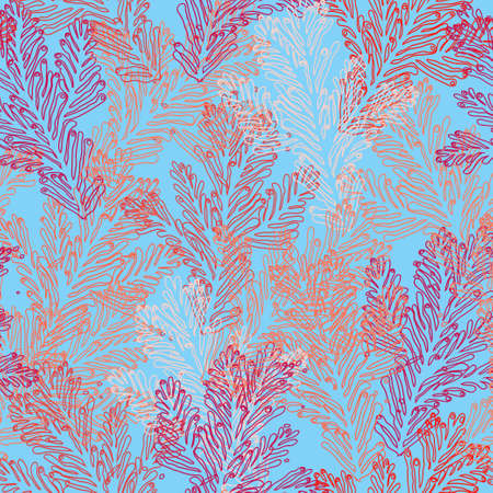 Vector seamless pattern with blue coral reef on lihgt blue background. Underwater Underwater Nautical doodles for textiles, pillow interior decoration, web page background, wrapping paper.のイラスト素材