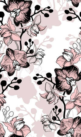 light floral seamless pattern with orchids drawn by hand flowers. Tropical botanical floristic manual graphic on background. Perfect for design and printing, wallpaper, posters, textile, fabric.のイラスト素材