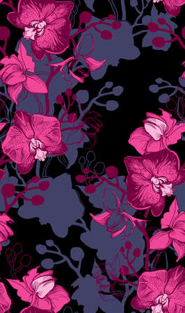 Dark tropical floral seamless pattern with hand drawn flowers Orchids. Botanical floristic manual graphic. Perfect for floristic design and printing, wallpaper, posters, textile, fabric.のイラスト素材