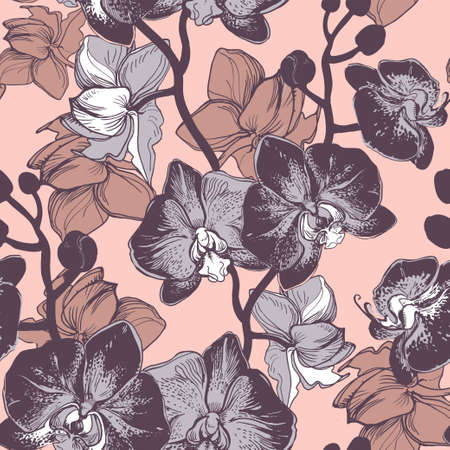Spring seamless background with spotty orchids drawn by hand. Floral monochrome pattern with realistic flowers on beige background for your design and floristic decor.のイラスト素材