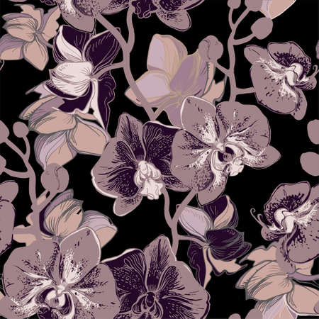 Dark monochrome floral vintage seamless patten with hand drawn orchid flowers. Elegant seamless floral texture background for wallpaper, fabrics, decor of interior, home textile.のイラスト素材
