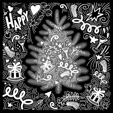 Black white Christmas greeting card with cute Christmas tree in vector doodle style. Handmade drawing for holiday decor. Trendy New Year design element. Perfect for celebration cards and invitation.のイラスト素材