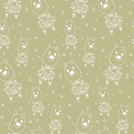 Baby seamless pattern with doodle outline of animals in clothes drawn by hand. Monochrome childish drawing for t-shirt print, textile, kid product, textile, baby bedding, diapers, package.のイラスト素材