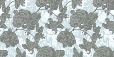 Trendy tropical floral pattern with silhouettes of orchids flowers of textured monochrome grey...