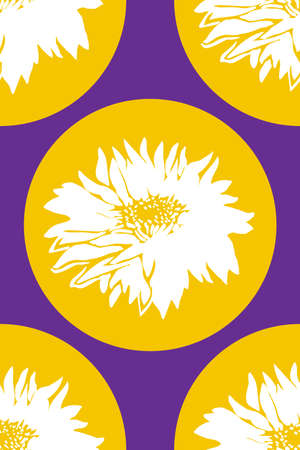 Geometric seamless pattern with white silhouettes of flowers Chrysanthemum on yellow circle shape. Bright contemporary art for interior design, home textile, package, pillow, cover, bedding.のイラスト素材