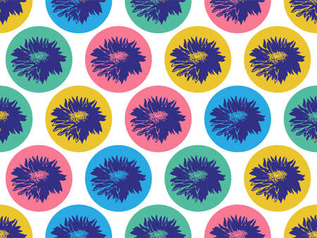 Geometric seamless pattern with stylized Chrysanthemum flowers on multi color circle forms. Vector flat style for interior design, home textile, package, pillow, bedding, ceramic tile, napkins.のイラスト素材