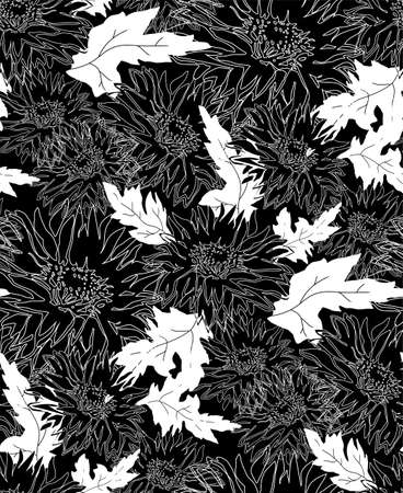 Black contour of flowers Chrysanthemum in full bloom with white leaves.のイラスト素材