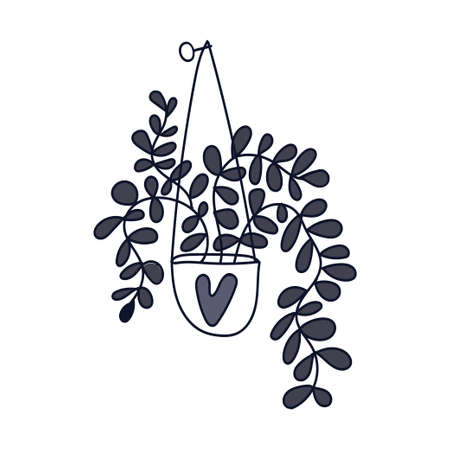 Hanging potted house plant. Monochrome doodle. Vector illustration isolated on white background. For cards, posters, stickers and professional floral design.のイラスト素材