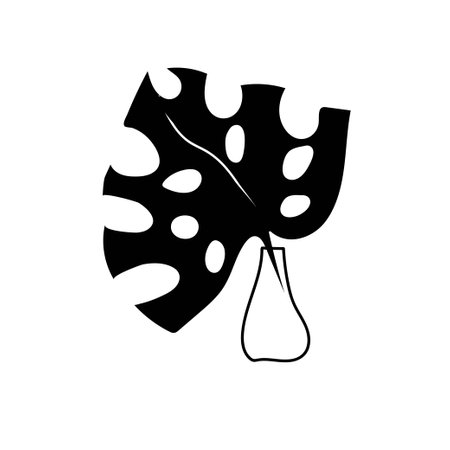 Leaf of Monstera houseplant in vase drawn by hand in doodle style. Domestic cozy ecology lifestyle. Black silhouette vector illustration isolated on white. For cards, posters, sticker, floral design.のイラスト素材