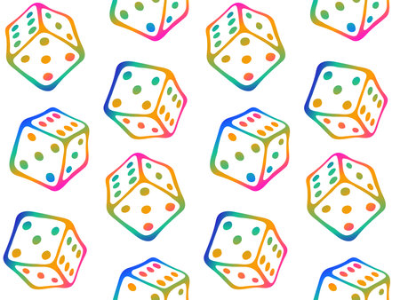 Funny doodle seamless pattern with dice by white contour for board game. Flying cubes isolated on black background. Perfect for childrens playroom, textiles, packaging. Stay home hobby time.のイラスト素材
