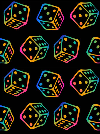 Funny doodle seamless pattern with dice by rainbow contour for board game. Flying cubes isolated on black background. Perfect for childrens playroom, textiles, packaging. Stay home hobby time.のイラスト素材