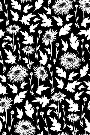 Wild black and white chrysanthemum flowers, stems, buds and leaves isolated on white background. Set of floral elements hand-drawn with brush and black ink. Vector illustration.のイラスト素材