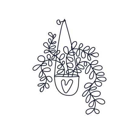 Hanging potted house plant in outline black and white doodle style. Vector illustration isolated on white background. For cards, posters, stickers, package and professional floral design.のイラスト素材