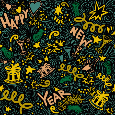 Merry Christmas seamless pattern with colored doodles and lettering happy new year words. Garlands, cake, gifts, glasses, confetti and handwriting lettering on trendy color tidewater green on gold.のイラスト素材