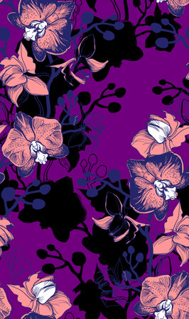 Bright floral seamless pattern with orchids hand drawn flowers. Tropical botanical floristic manual graphic.のイラスト素材