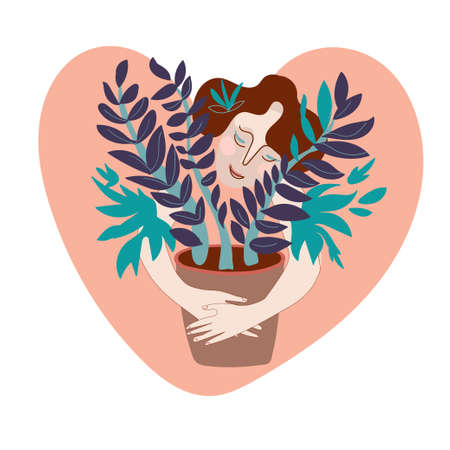 Woman hugging favorite houseplants in flower pot. Concept of love and friendship between human and nature. Smiling female character with domestic plant in hygge mood. Flat vector cartoon illustration.のイラスト素材