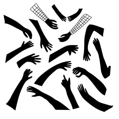Set of black silhouettes of hands in different gestures drawn in freehand doodle style isolated on white background. Perfect for design of childrens playroom, textiles, packaging.のイラスト素材