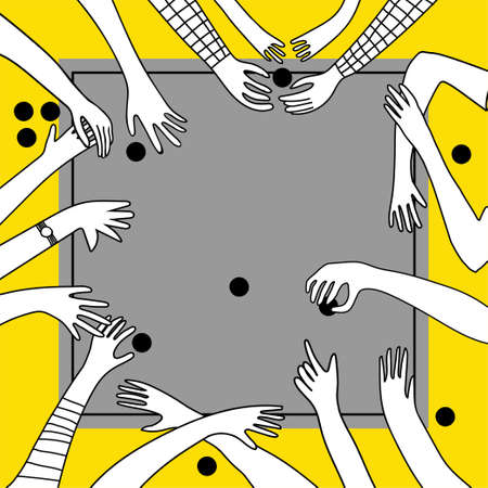 Funny doodle hand drawn hands in different gestures playing in table game in freehand doodle styl isolated on trendy color background. For kids playroom, textiles, packaging. Stay home hobby time.のイラスト素材