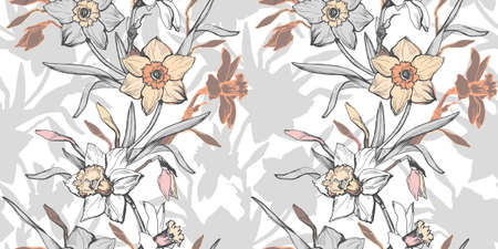 Botanical seamless pattern with hand drawn flowers daffodils, narcissus. Pastel floral elements on light background. Elegant design for textile, fabric, wallpaper, packaging. Vector Illustration.のイラスト素材