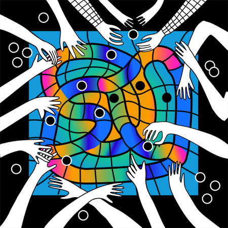 Funny doodle hand drawn hands in different gestures playing in colored table game in freehand doodle style. For kids playroom, textiles, packaging. Stay home hobby time.のイラスト素材