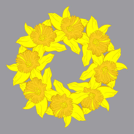 Happy Easter greeting card floral wreath with hand drawn yellow flowers narcissus, daffodils. Bright colored vector floral element isolated on ultimate gray background.のイラスト素材