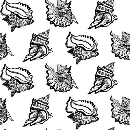 Marine fauna shell seashell live line style hand drawn black ink seamless pattern. Amazing inhabitant of the seabed, cockleshell for clothes fabric, bedding, textile, package, wallpaper.のイラスト素材