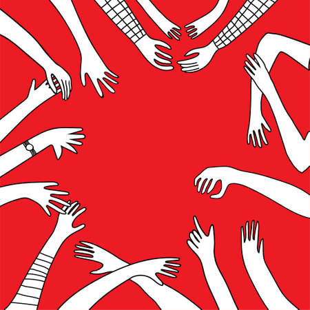 White silhouettes hands in different gestures in freehand doodle style with copy space on red background. Perfect for design of kids playroom, textiles, poster, packaging, postcard, banner.のイラスト素材