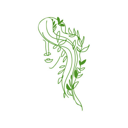 One line outline doodle symbol of woman face with leaves in hair isolated on white. Concept of spring or love and friendship between human and flora.のイラスト素材