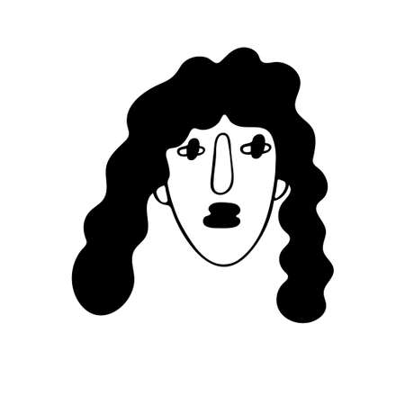 Portrait drawing of young woman, girl with long curly black hair in funny doodle style isolated on white. Character of people doodle collection.のイラスト素材
