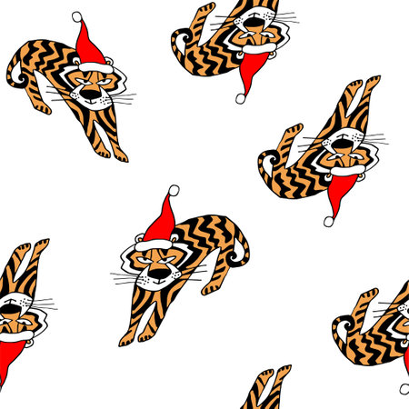 Tiger in santa hat drawn by hand isolated on white. Sticker, printing, clip art, package, postcard, poster.のイラスト素材
