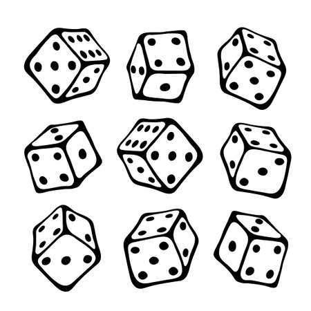 Set of cubes for board game drawn by black outline in doodle style..Perfect for play decor of children playroom, textiles, packaging. Stay home concept.のイラスト素材