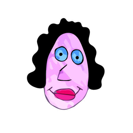 Simple face of funny woman with short curly black hair in colored doodle style isolated on white. Vector character of people doodle Naive Art collection.のイラスト素材