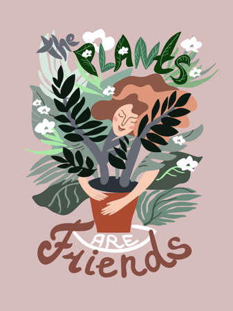 Happy woman caring about interior potted plants and flowers. Home gardening and growing houseplants. Colored flat vector illustration of trendy people with house greenery for posters or cards.のイラスト素材