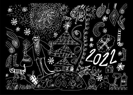 Christmas funny cyberpunk poster in child drawing style. Perfect for greeting cards, gift package. Marker pen childlike freehand art. Cute hand drawn sketch for celebration of happy new year.のイラスト素材