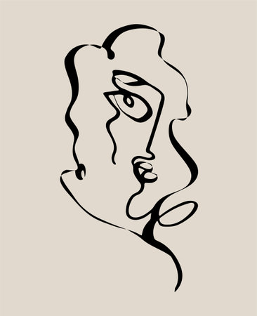 Modern poster with pretty young woman hand-drawn by one continuing line in minimalist drawing style. Surreal faces collection. Trendy minimalist fashion graphic design. Vector artwork.のイラスト素材