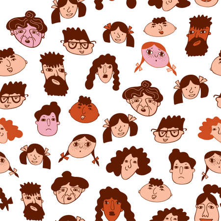 Colored funny faces of people with different genders and ages emotions and moods in doodle freehand style isolated on white. Vector illustration.のイラスト素材